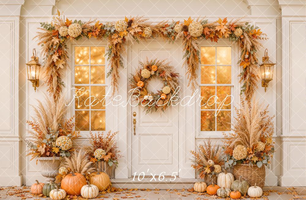 Kate Fall Front Door Floral Garland Wreath Pumpkins Window Printed Backdrop Designed by Emetselch