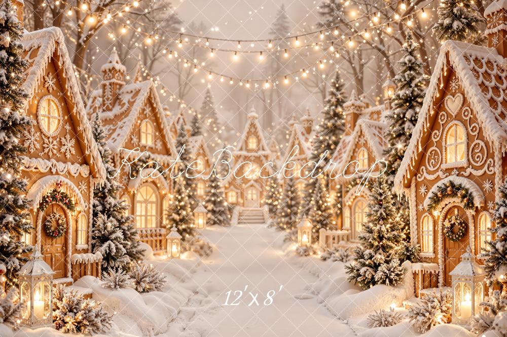 Kate Christmas Gingerbread Village Snowy Trees String Lights Printed Backdrop Designed by Emetselch
