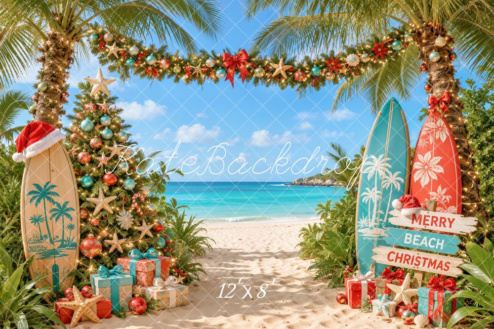 Kate Christmas Beach Surfboards Palm Trees Printed Backdrop Designed by Emetselch