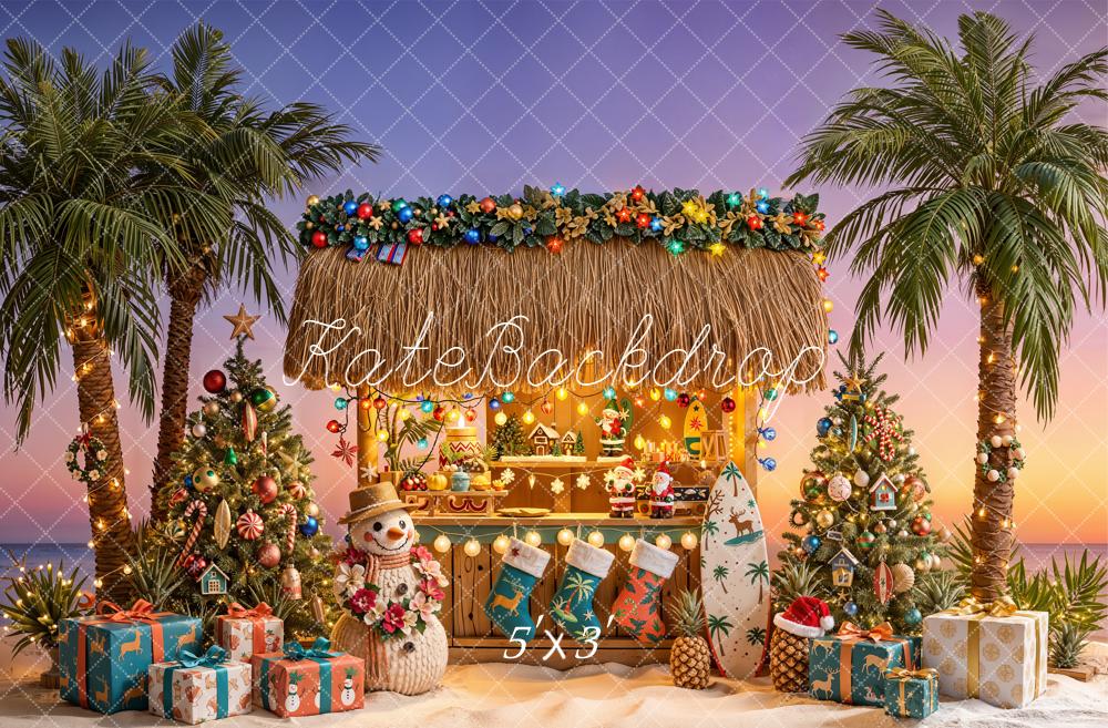 Kate Christmas Tropical Beach Hut Palm Trees Surfboard Printed Backdrop Designed by Emetselch