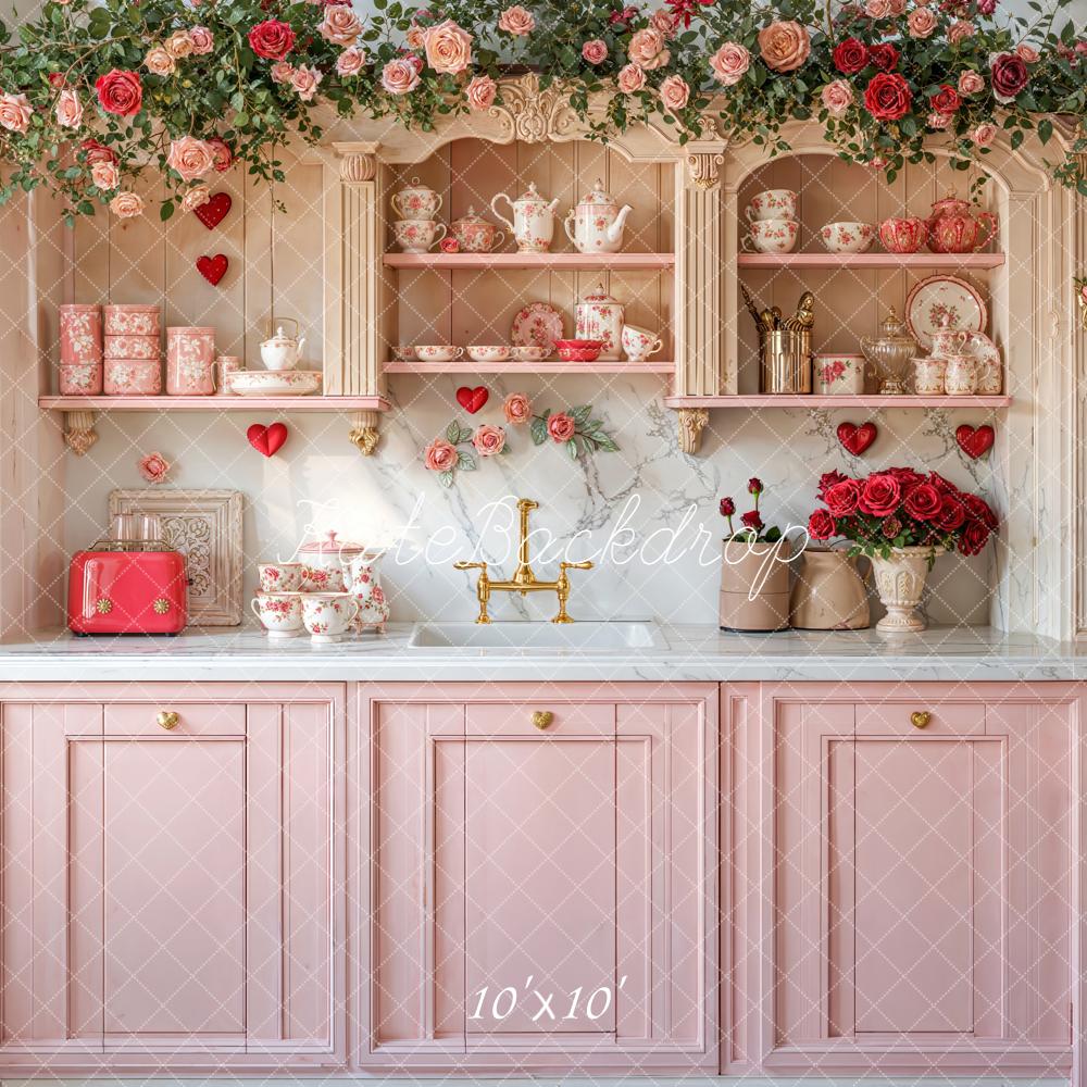 Kate Valentine's Day Pink Kitchen Flower Arch Backdrop Designed by Emetselch