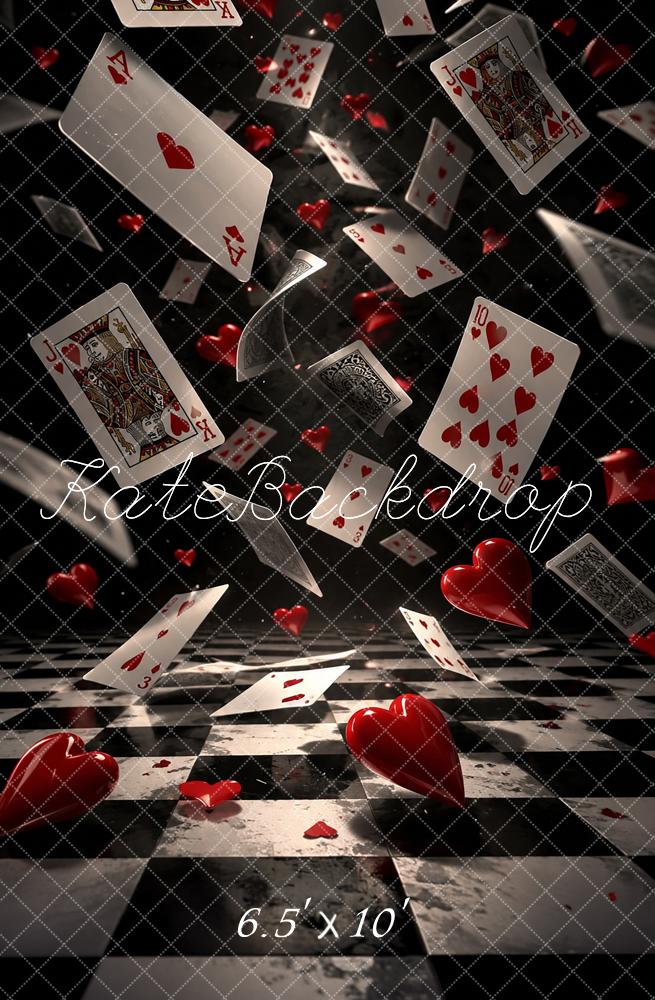 Kate Valentine's Day Playing Cards Hearts Checkerboard Floor Printed Backdrop Designed by Chain Photography