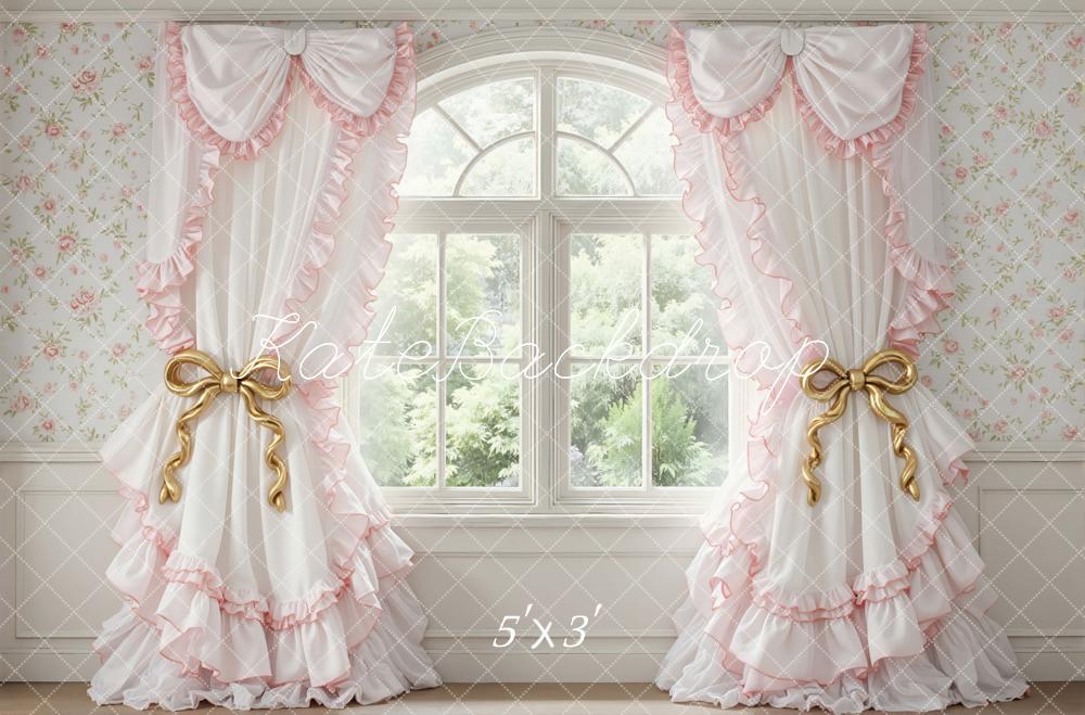 Kate Spring Pink Ruffle Curtains Floral Wallpaper Window Backdrop Designed by Mini MakeBelieve