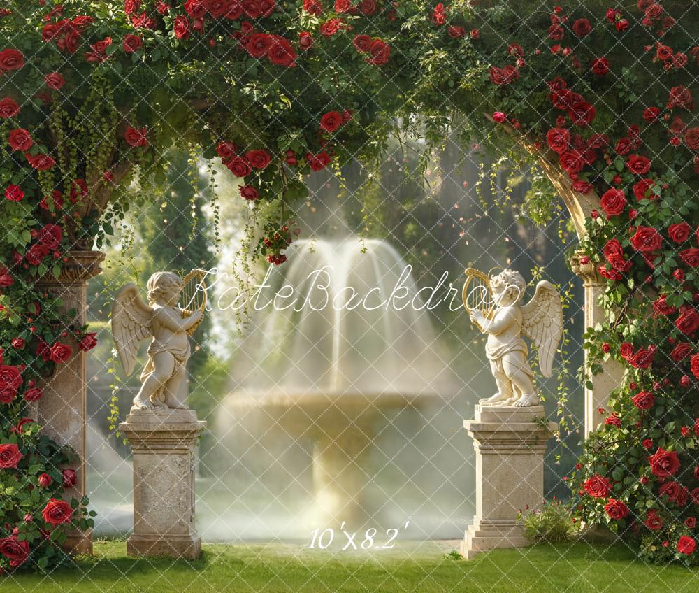 Kate Spring Red Rose Arch Angel Statues Fountain Garden Backdrop Designed by Emetselch