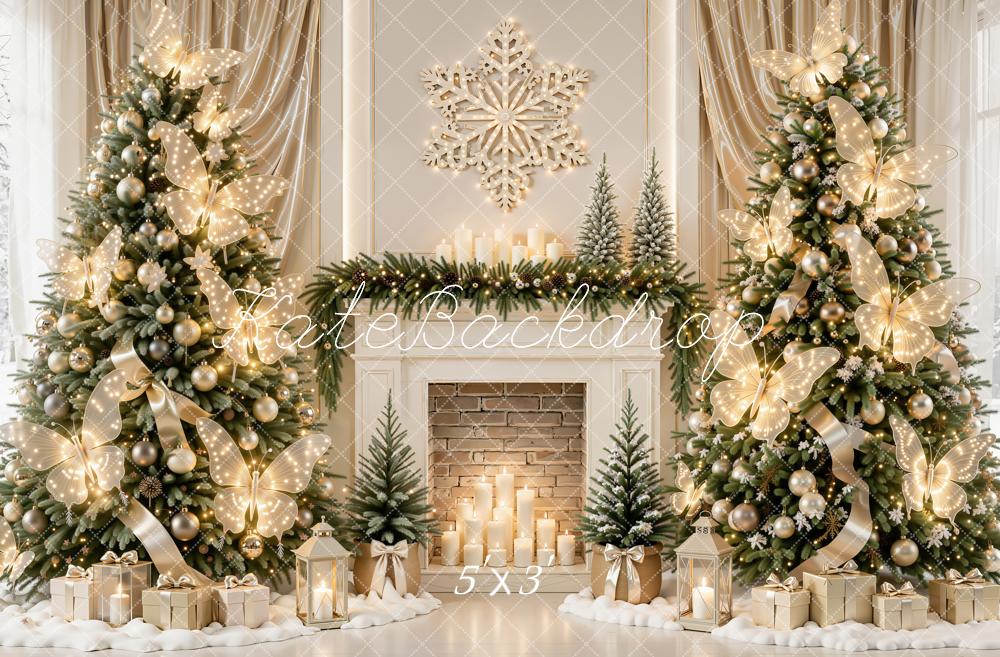 Kate Christmas Trees Butterfly Lights Fireplace Snowflake Printed Backdrop Designed by Emetselch