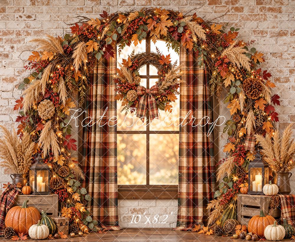 Kate Fall Pumpkin Garland Plaid Window Arch Printed Backdrop Designed by Emetselch