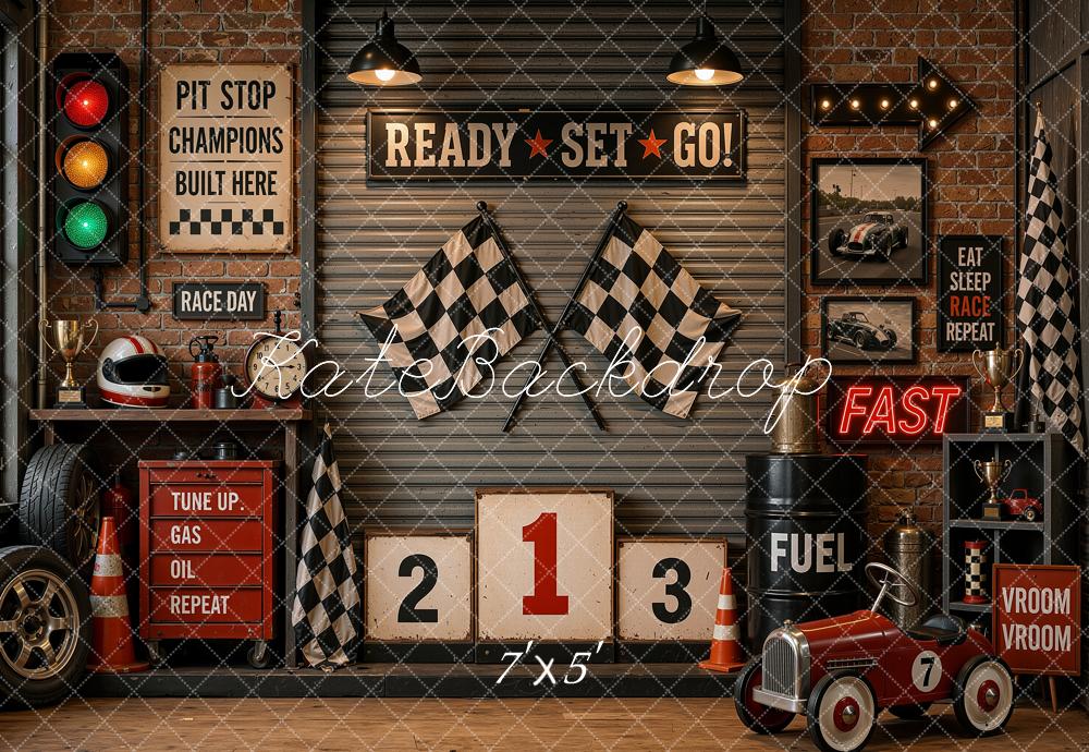 Kate Vintage Racing Garage Vintage Pedal Car Checkered Flags Printed Backdrop Designed by Shutter Swan Studios