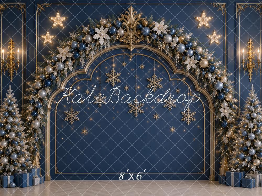 Kate Christmas Headboard Blue Gold Snowflake Tree Arch Printed Backdrop Designed by Caitlin Lynch