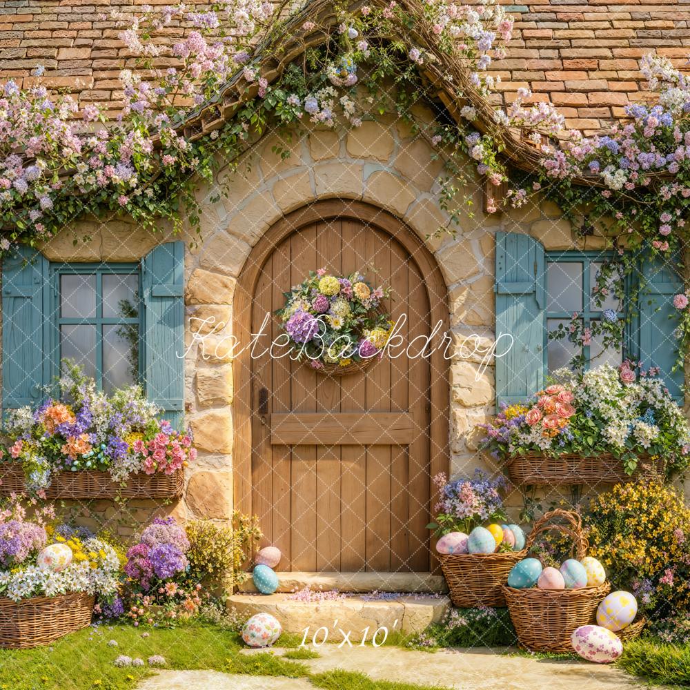 Kate Easter Bunny Floral Cottage Door Printed Backdrop Designed by Emetselch