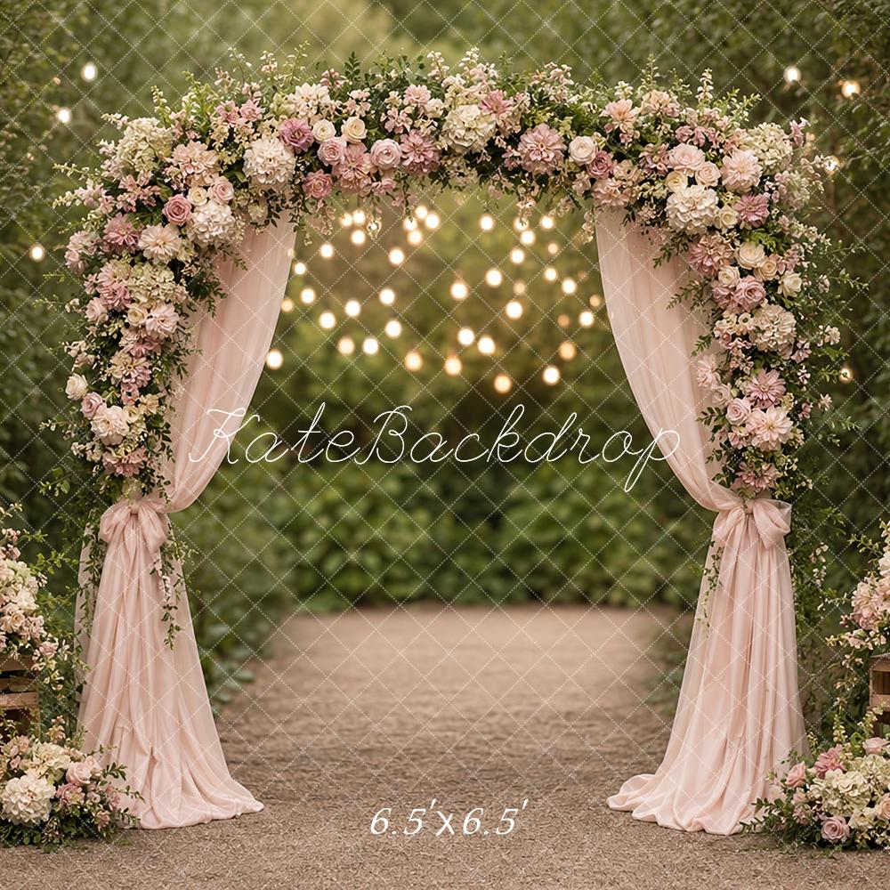 Kate Wedding Romantic Garden Flower Arch Drapes String Lights Printed Backdrop Designed by Angela Miller