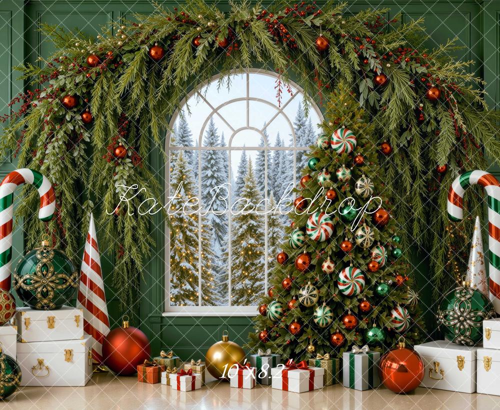 Kate Christmas Tree Garland Arch Candy Canes Green Wall Printed Backdrop Designed by Mini MakeBelieve