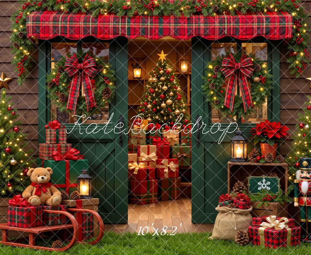 Kate Christmas Storefront Porch Plaid Trees Presents Nutcracker Printed Backdrop Designed by Mini MakeBelieve