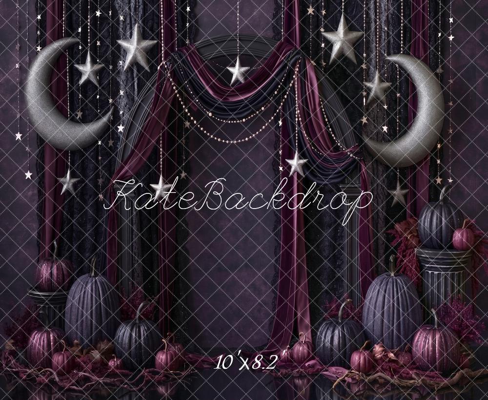 Kate Halloween Gothic Drapery Moons Stars Pumpkins Dark Printed Backdrop Designed by Angela Miller