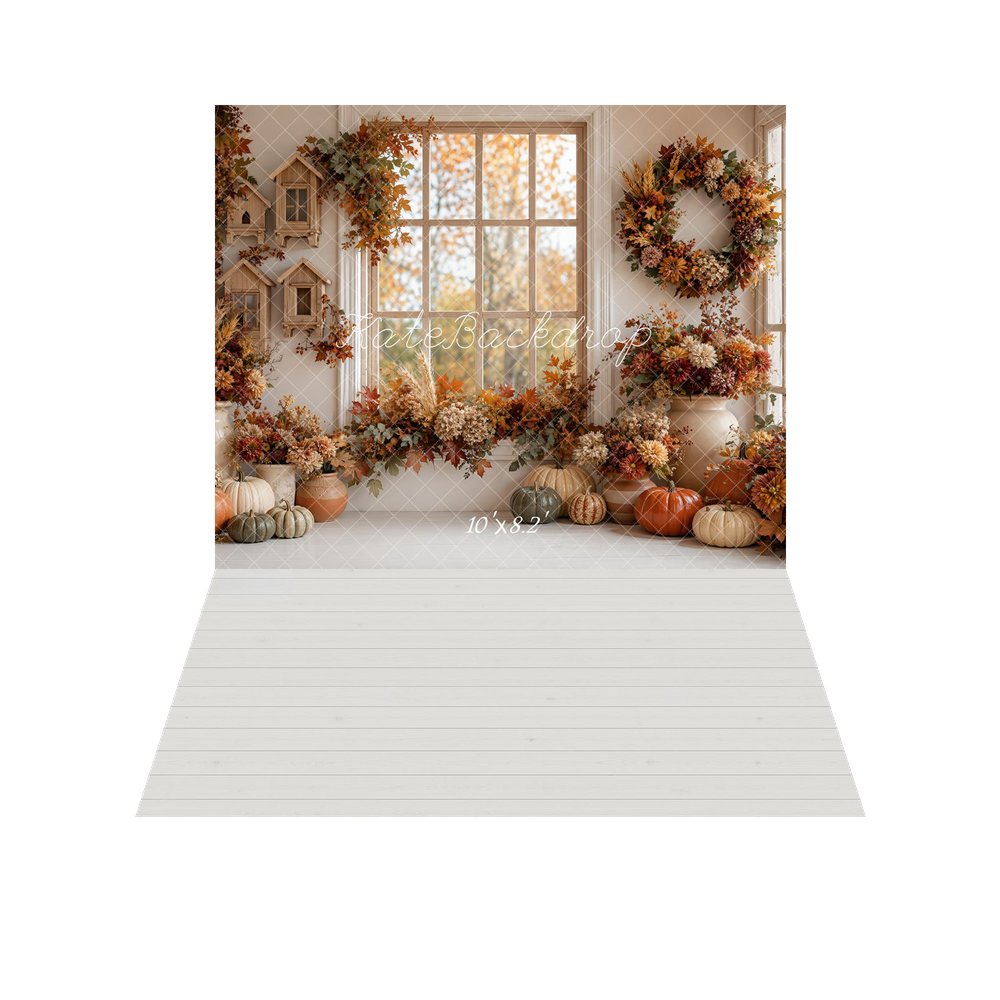 Kate Fall Cozy Interior Pumpkins Floral Window Wreath Printed Backdrop+White Wood Plank Rubber Floor Mat