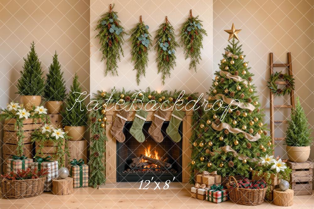 Kate Christmas Tree Rustic Fireplace Greenery Stockings Gifts Printed Backdrop Designed by Mini MakeBelieve