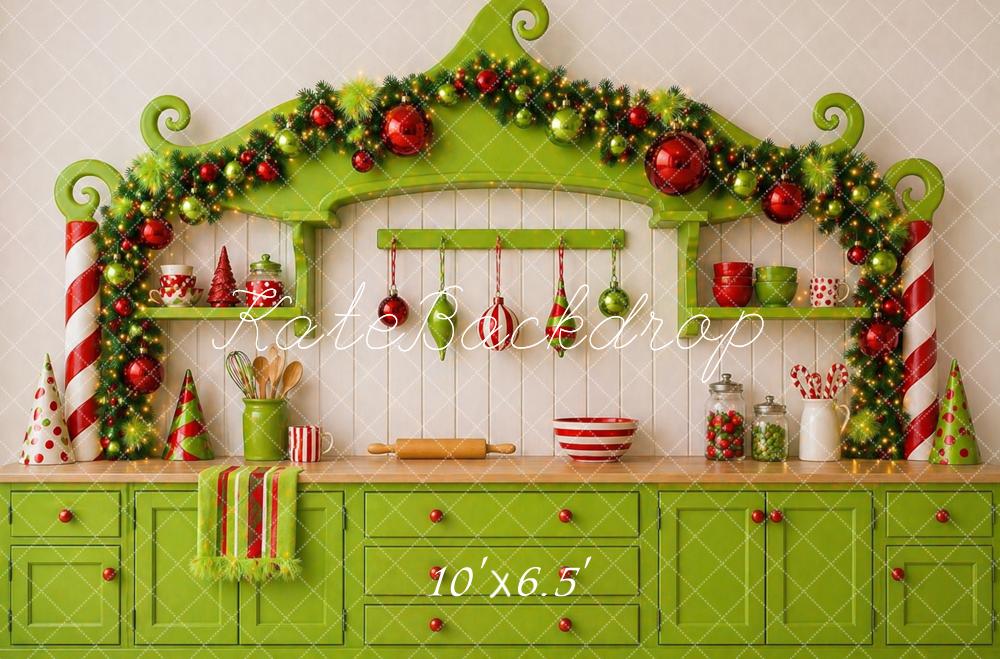 Kate Christmas Whimsical Green Kitchen Cabinet Garland Ornaments Printed Backdrop Designed by Caitlin Lynch