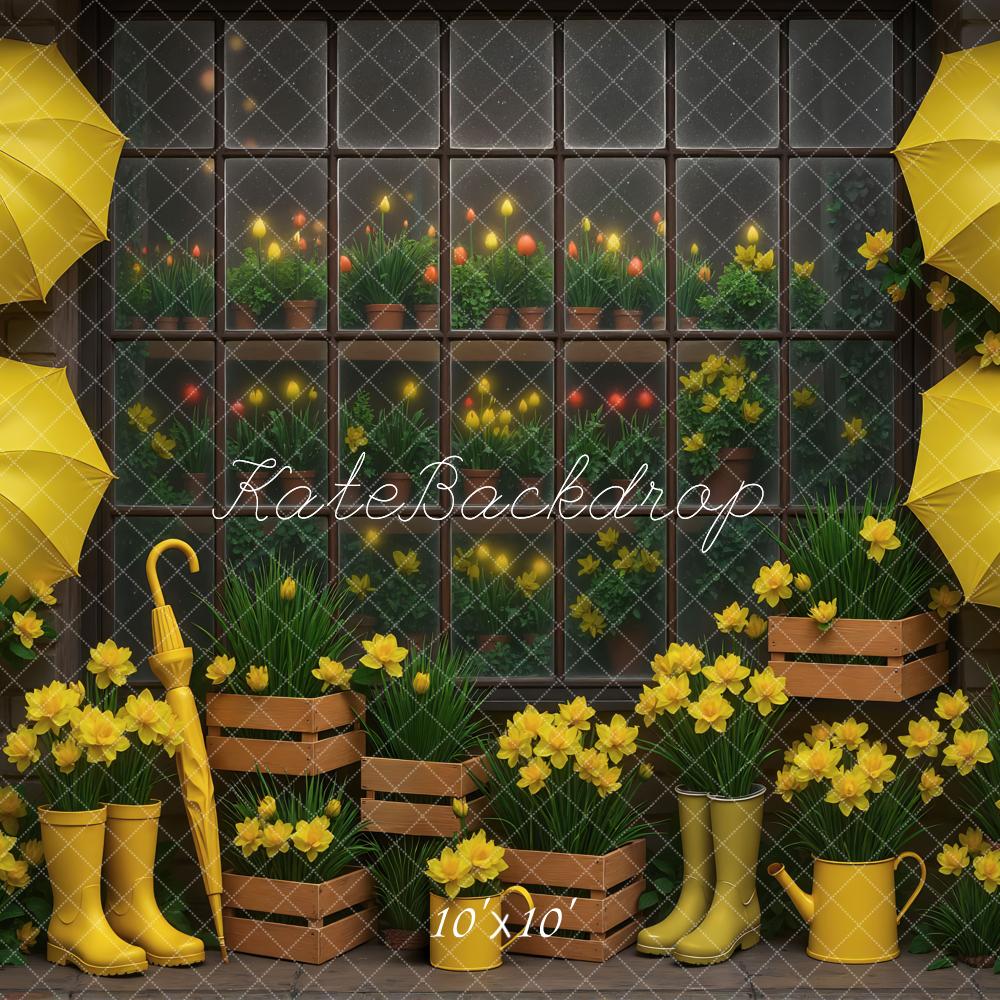 Kate Spring Yellow Umbrellas Rain Boots Daffodils Window Backdrop Designed by Mini MakeBelieve
