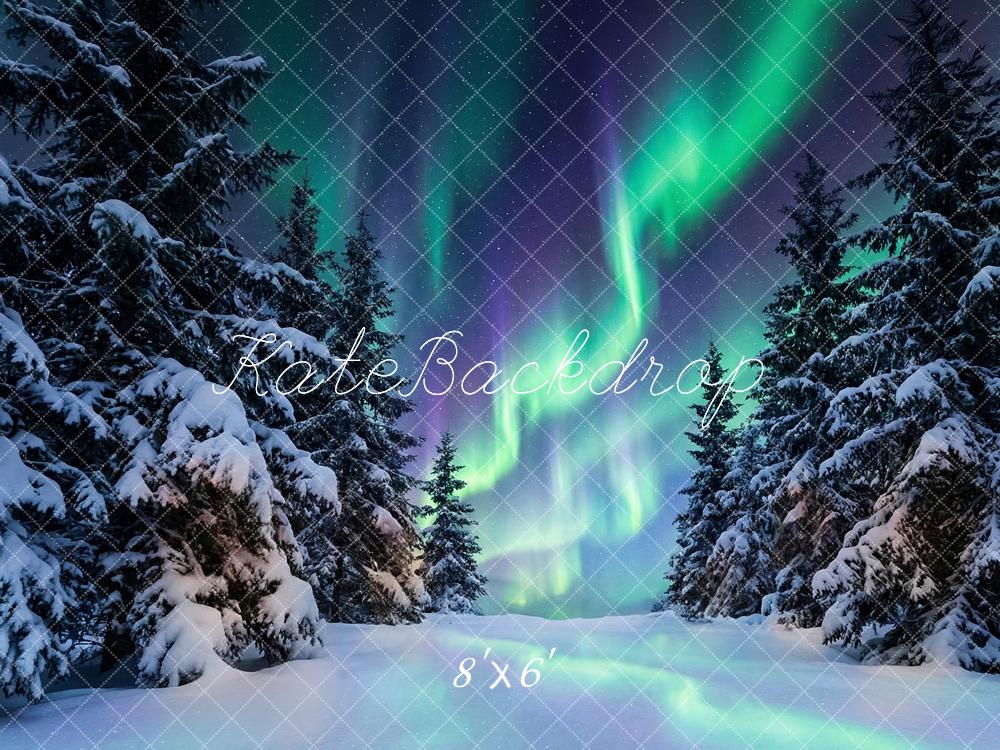 Kate Winter Aurora Borealis Snowy Pine Trees Printed Backdrop Designed by Happy Squirrel Design