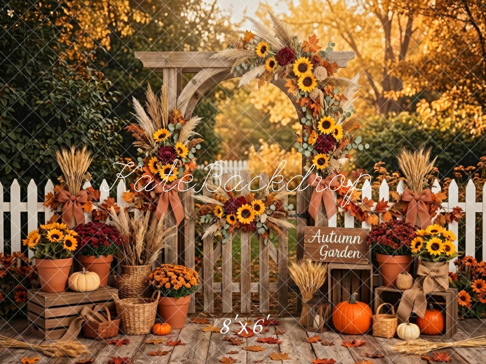 Kate Fall Rustic Flower Arch Sunflowers Pumpkins White Fence Printed Backdrop Designed by Patty Roberts