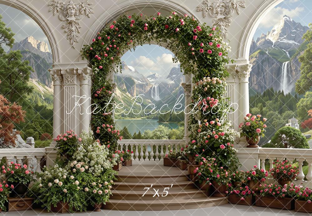 Kate Spring Flower Arch Columns Mountain Waterfall Garden Printed Backdrop Designed by Mini MakeBelieve