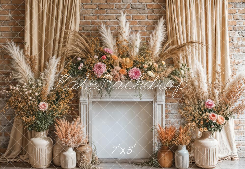 Kate Boho Floral Fireplace Beige Curtain Backdrop Designed by Emetselch