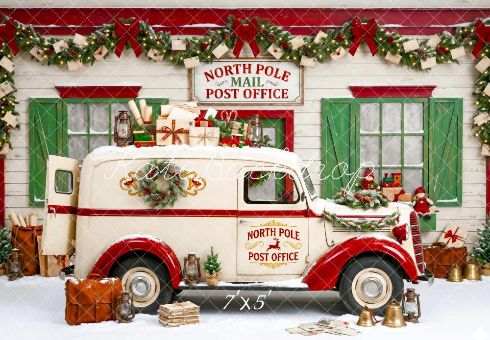 Kate Christmas North Pole Post Office White Truck Gifts Green Red Printed Backdrop Designed by Patty Roberts