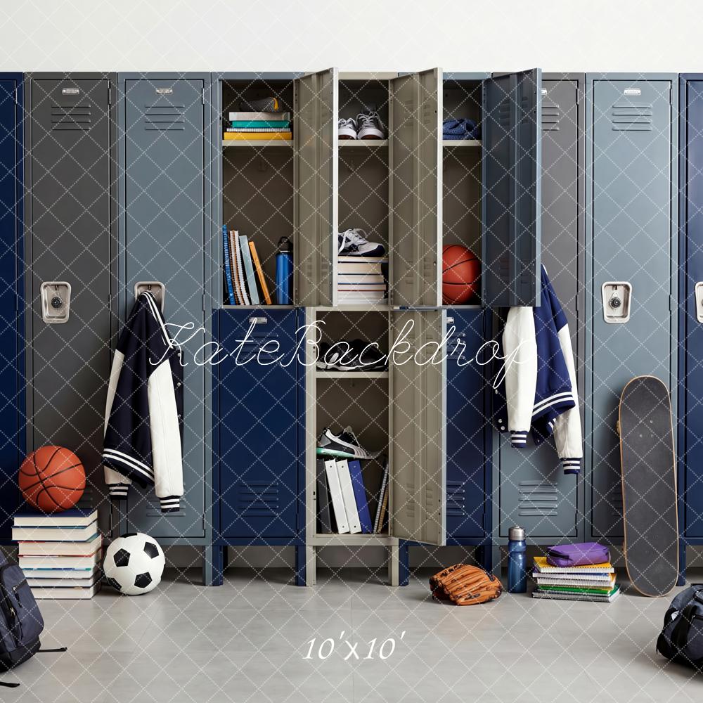 Kate Hign Teen Locker Room Sports Equipment Blue Printed Backdrop Designed by Patty Roberts