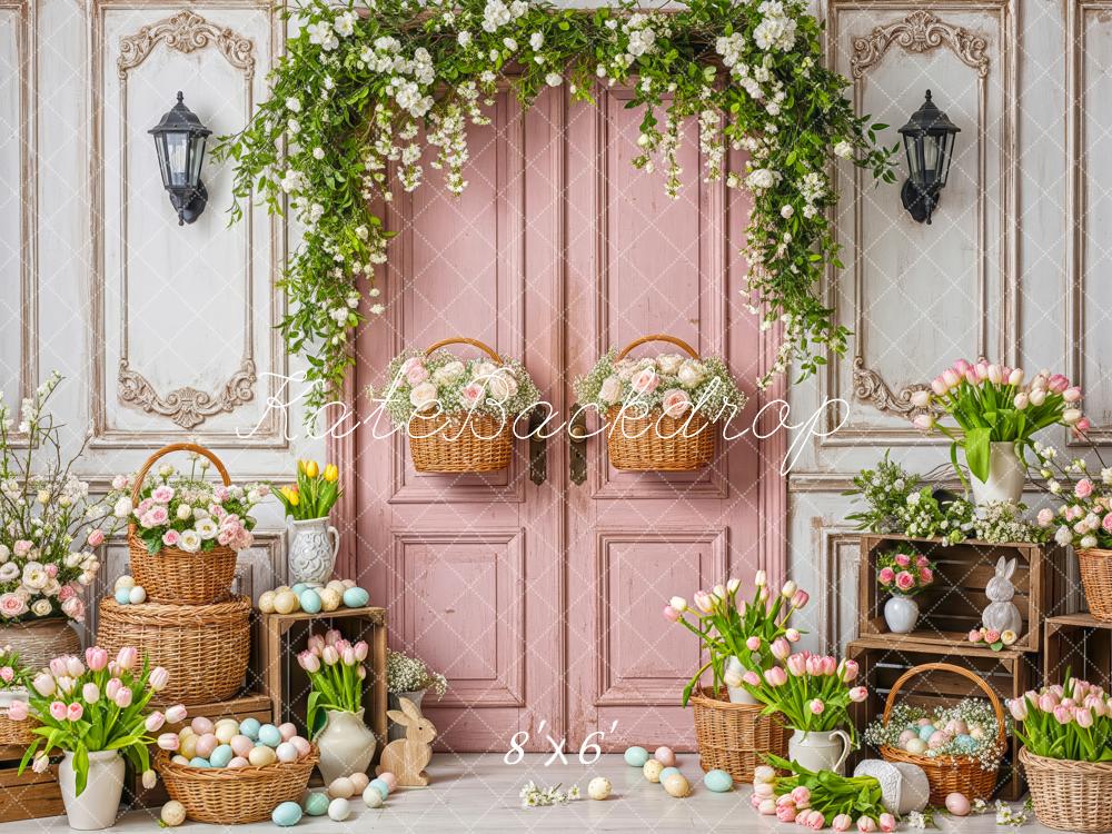 Kate Easter Basket Pastel Eggs Pink Door Flowers Printed Backdrop Designed by Patty Roberts