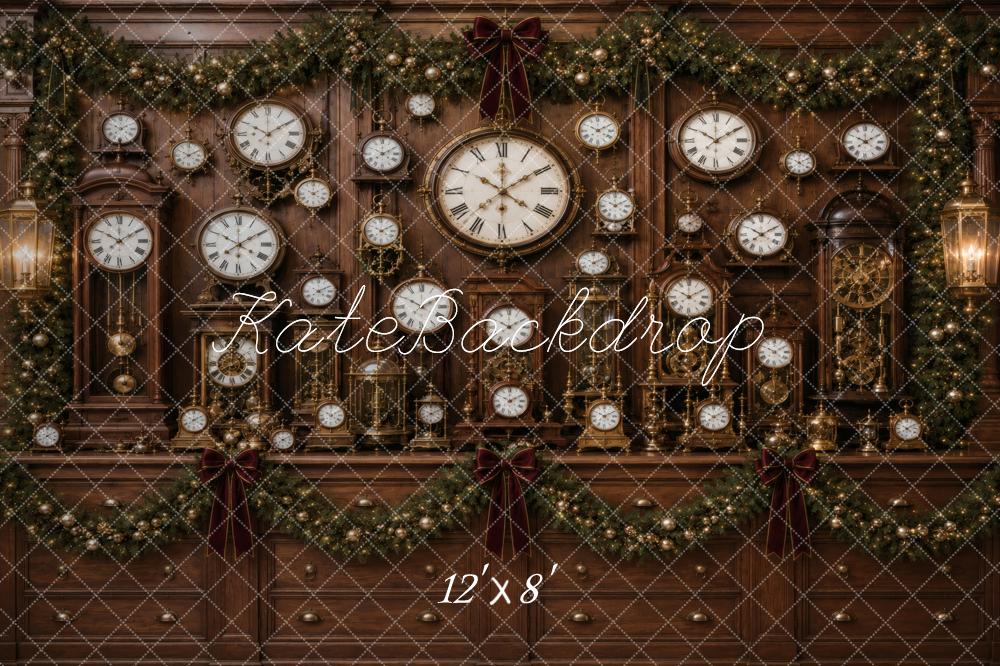 Kate Christmas Vintage Clock Wall Antique Garland Brown Printed Backdrop Designed by Vertigo Productions