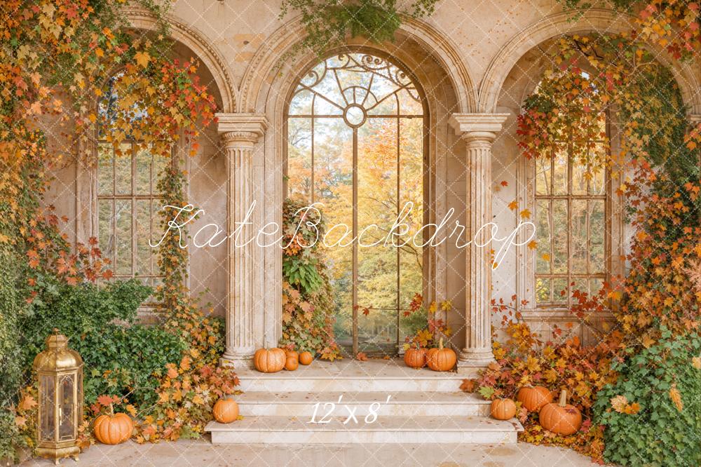 Fall Retro Arch Maple Leaves Pumpkin Backdrop Designed by Emetselch