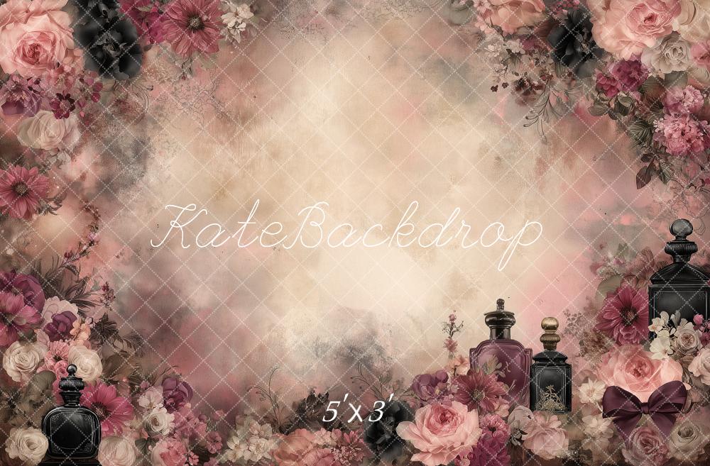 Kate Gothic Pink Floral Perfume Bottles Printed Backdrop Designed by Angela Miller