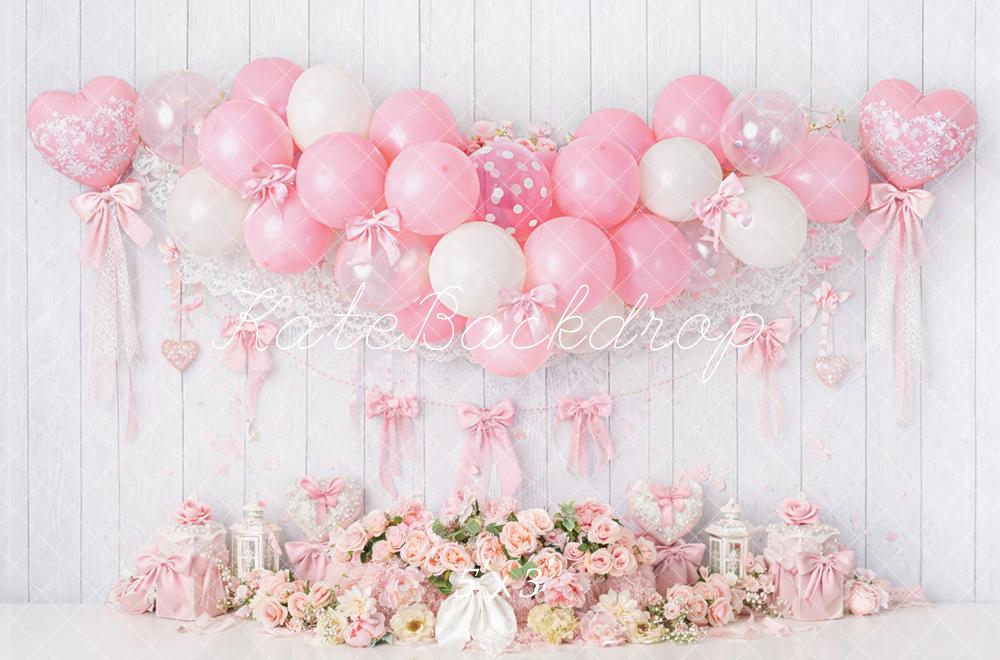 Kate Cake Smash Coquette Pink Balloon Heart Bows Floral Printed Backdrop Designed by Mandy Ringe Photography