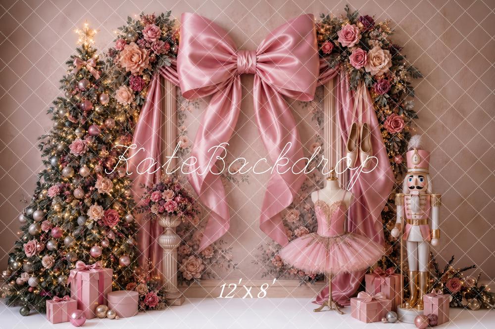 Kate Christmas Tree Pink Bow Nutcracker Ballerina Printed Backdrop Designed by Ashley Ward