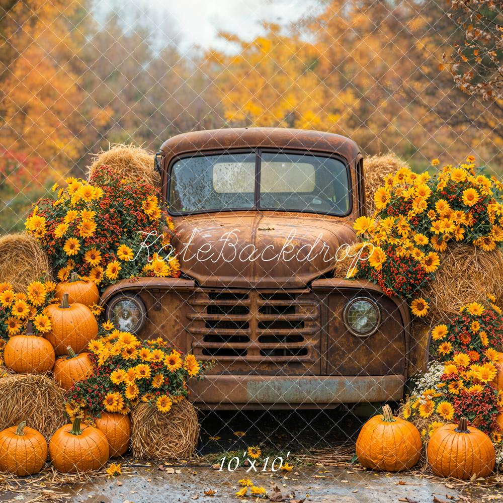 Kate Fall Vintage Truck Pumpkins Hay Bales Sunflowers Backdrop Designed by Emetselch