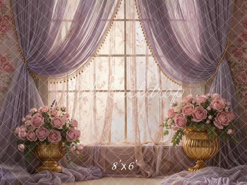 Kate Spring Floral Window Purple Drapes Gold Vases Pink Roses Backdrop Designed by Emetselch