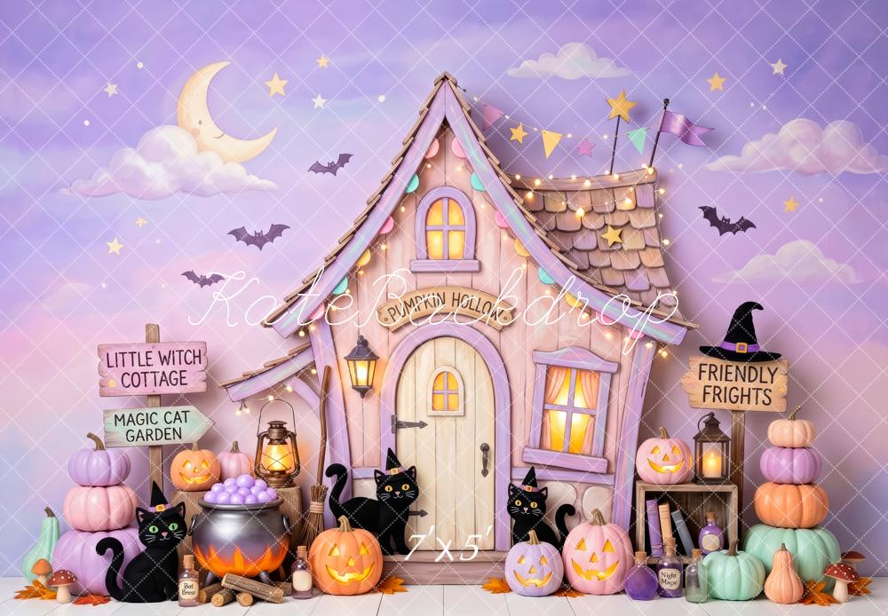 Kate Halloween Cake Smash Witch Cottage Pumpkins Black Cats Printed Backdrop Designed by Patty Roberts