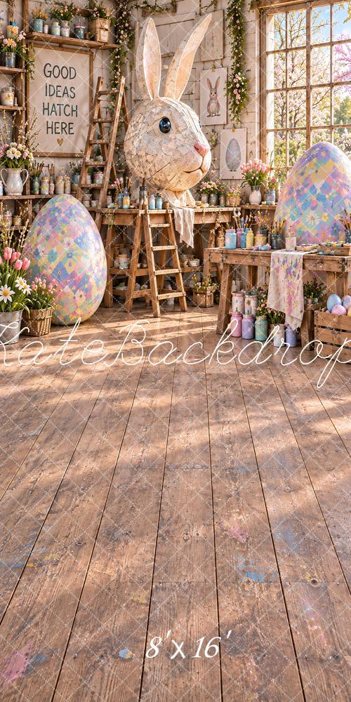 Kate Sweep Easter Bunny Pastel Eggs Floral Workshop Printed Backdrop Designed by Vertigo Productions