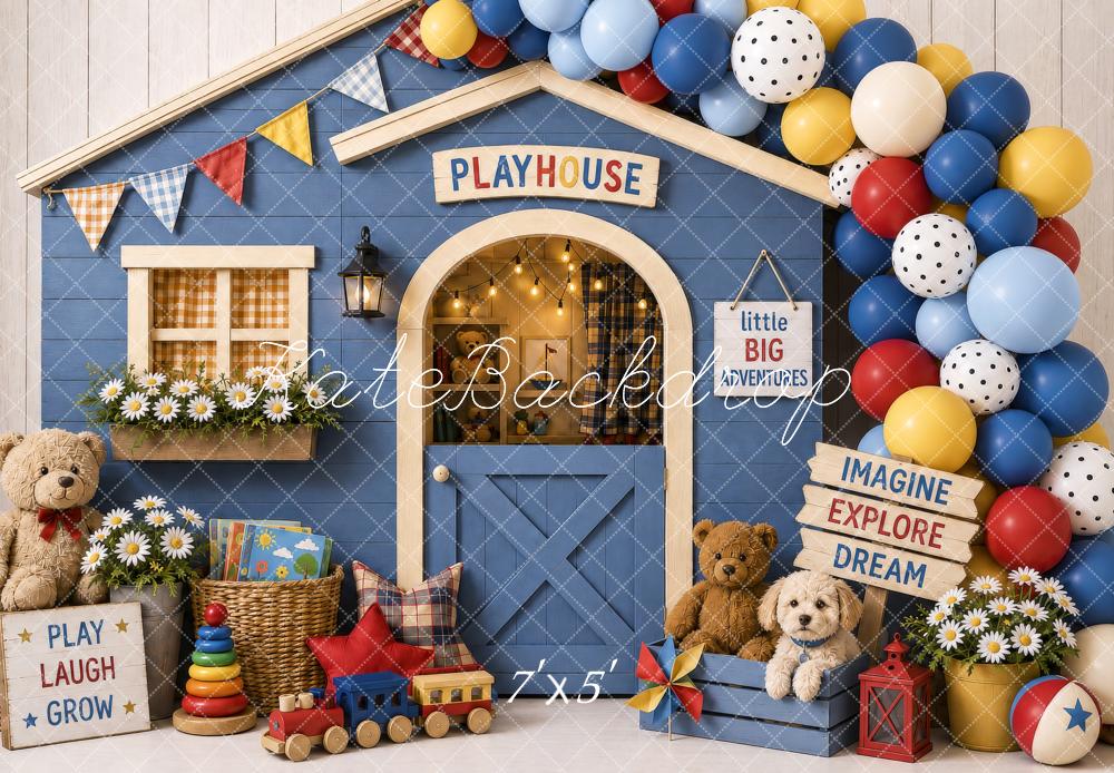 Kate Cake Smash Playhouse Blue Balloons Teddy Bears Toys Printed Backdrop Designed by Shutter Swan Studios