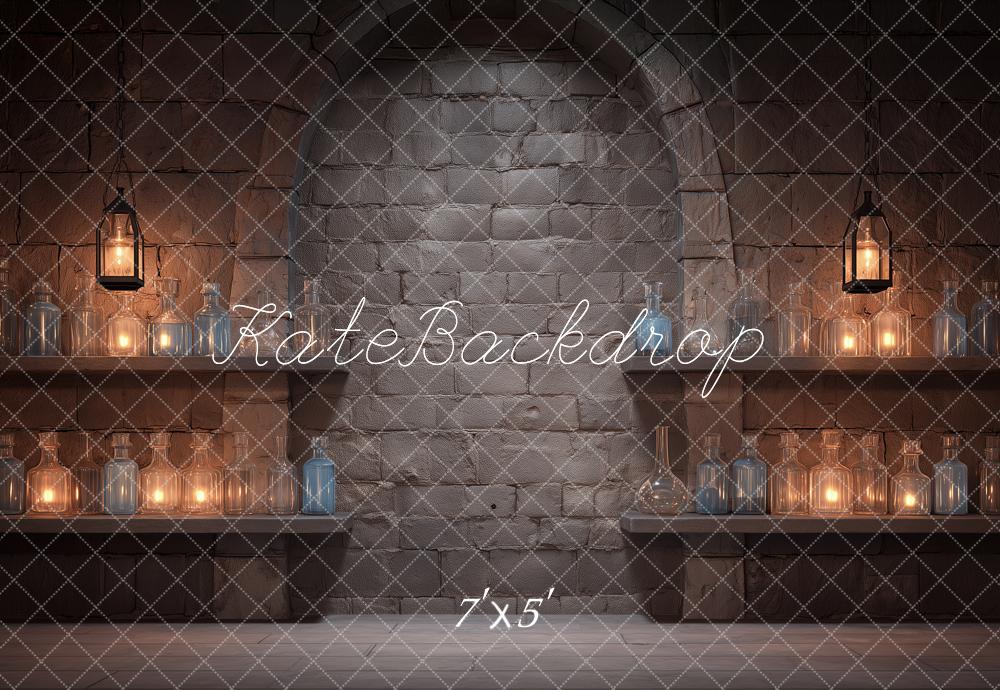 Kate Fantasy Magic Potion Stone Wall Arch Lanterns Bottles Shelves Printed Backdrop Designed by Angela Miller