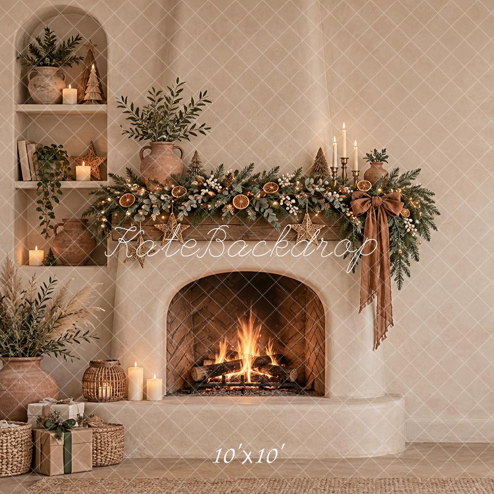 Kate Christmas Boho Beige Fireplace Garland Neutral Mantel Printed Backdrop Designed by Vertigo Productions