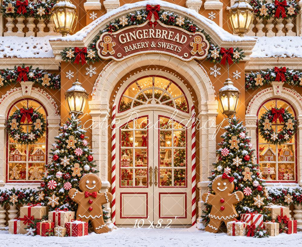 Kate Christmas Gingerbread Bakery Snowy Storefront Printed Backdrop Designed by Emetselch