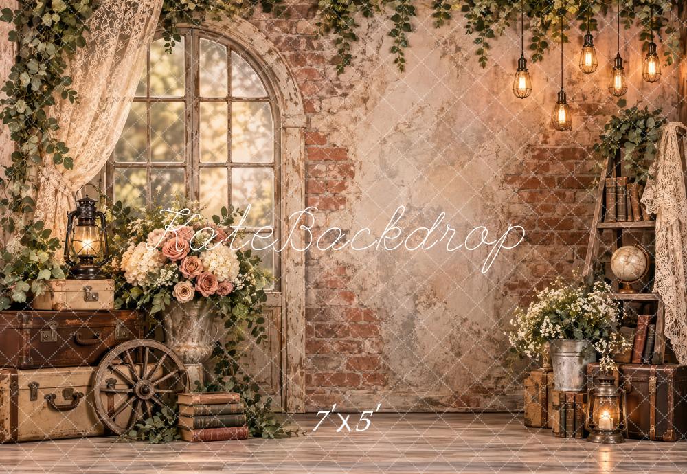 Kate Spring Vintage Brick Wall Arched Window Flowers Lanterns Printed Backdrop Designed by Laura Bybee
