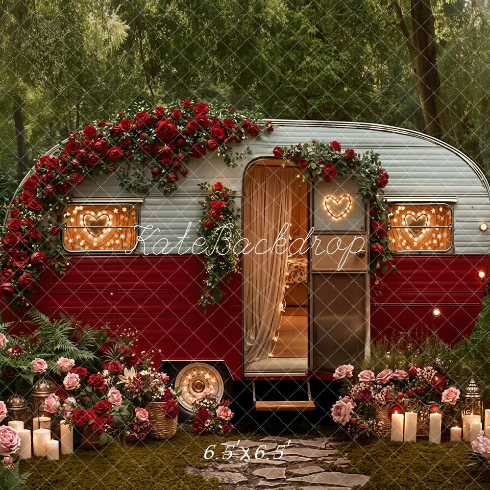 Kate Valentines Red Camper Floral Garland Candles Forest Backdrop Designed by Emetselch