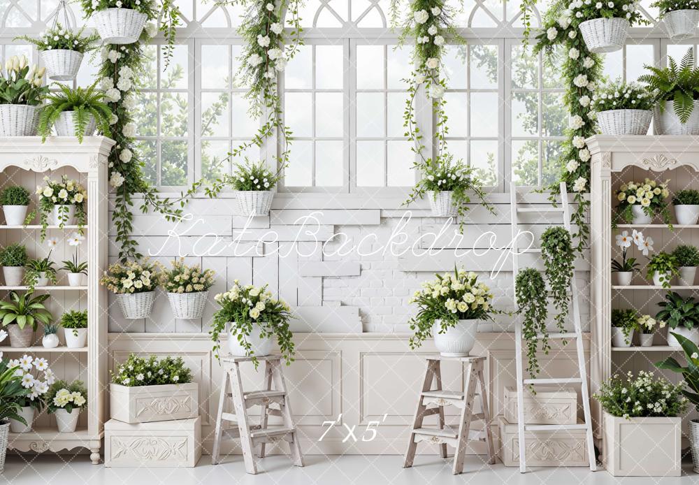 Kate Spring White Garden Flower Arch Shelves Printed Backdrop Designed by Mini MakeBelieve