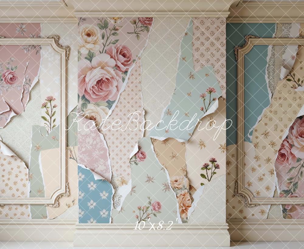 Kate Spring Vintage Floral Wallpaper Collage Printed Backdrop Designed by Mini MakeBelieve
