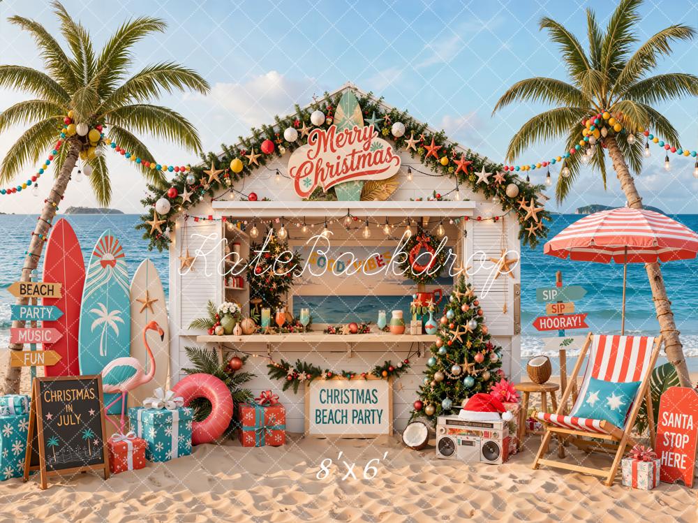 Kate Australian Christmas Beach Party Palm Trees Surfboards Printed Backdrop Designed by Emetselch