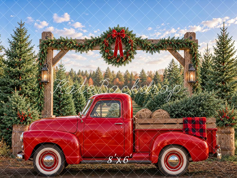 Kate Christmas Farm Red Truck Wreath Rustic Arch Printed Backdrop Designed by Emetselch