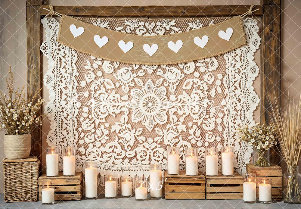 Kate Boho Lace Heart Garland Candles Backdrop Designed by Mini MakeBelieve