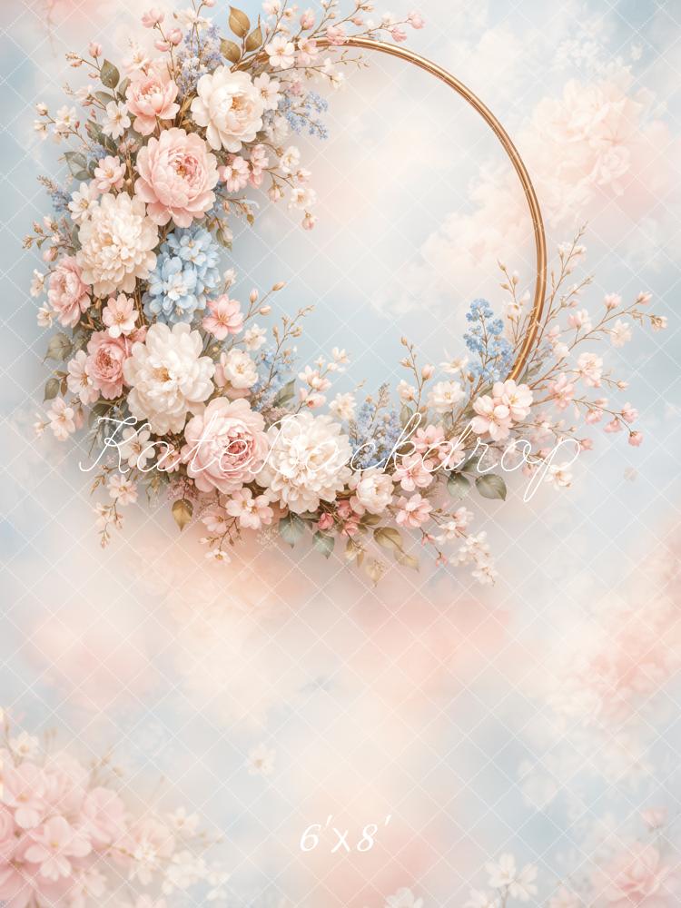 Kate Fine Art Floral Wreath Gold Hoop Clouds Printed Backdrop Designed by Emetselch