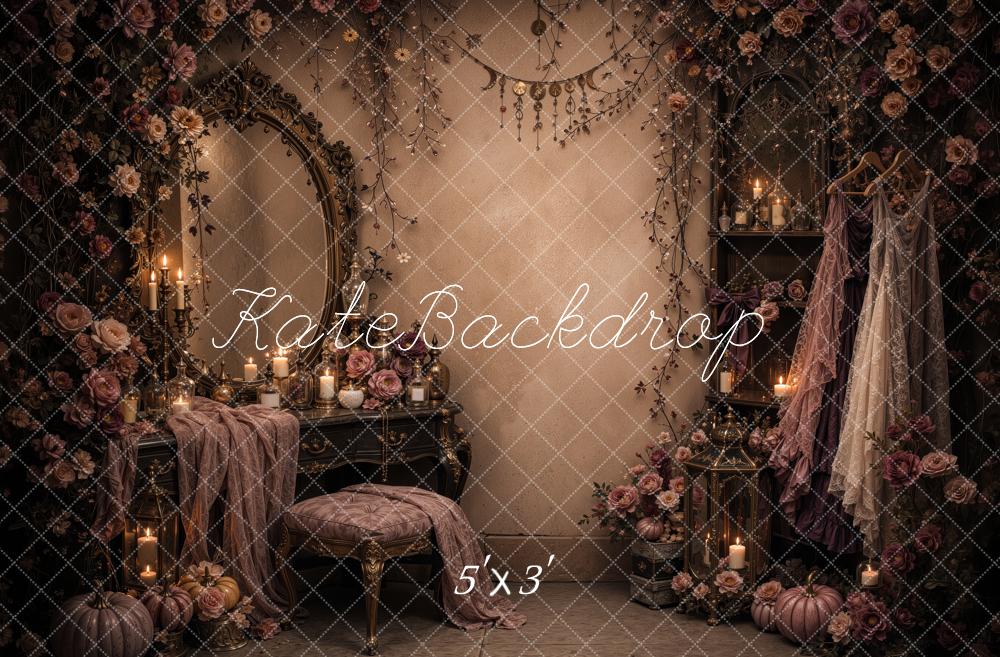 Kate Halloween Gothic Witches Dressing Room Mirror Floral Pumpkins Printed Backdrop Designed by Jordan Moon
